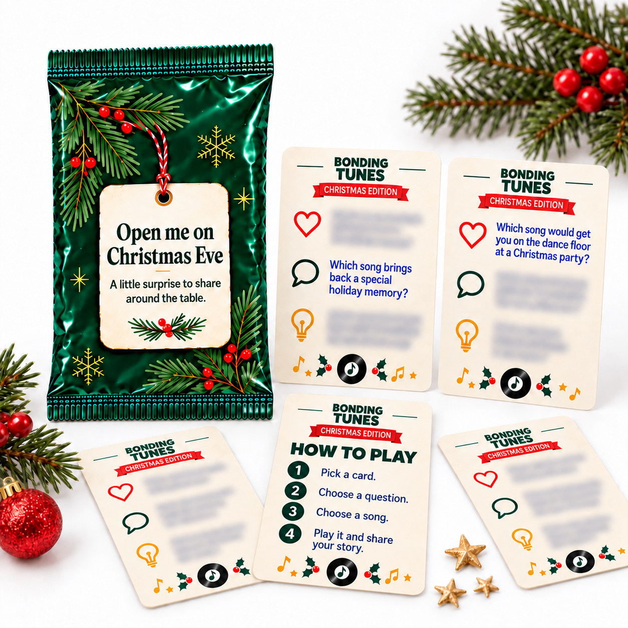 Green Christmas gift pouch with Christmas Edition question cards and a how-to-play card