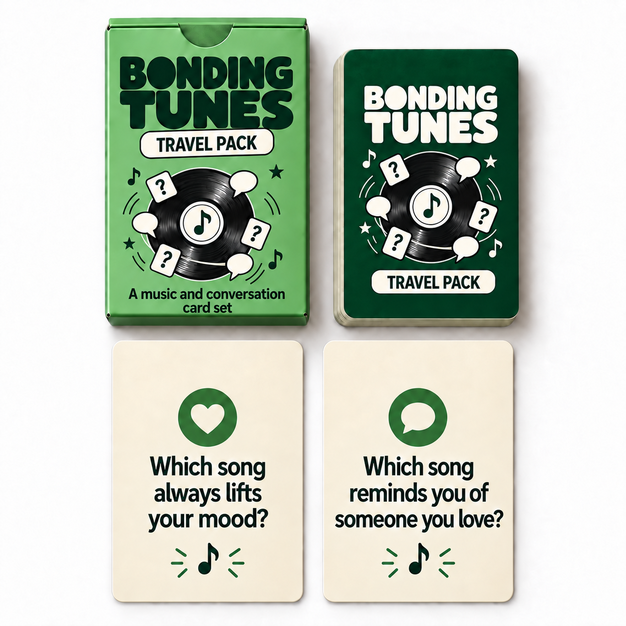 Green Bonding Tunes Travel Pack box with a deck of cards and two musical question cards